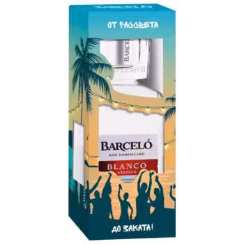 Ром Barcelo Blanco 0,7 л в подарочной упаковке + стакан сверху Ром Barcelo Blanco 0,7 л в подарочной упаковке + стакан сверху